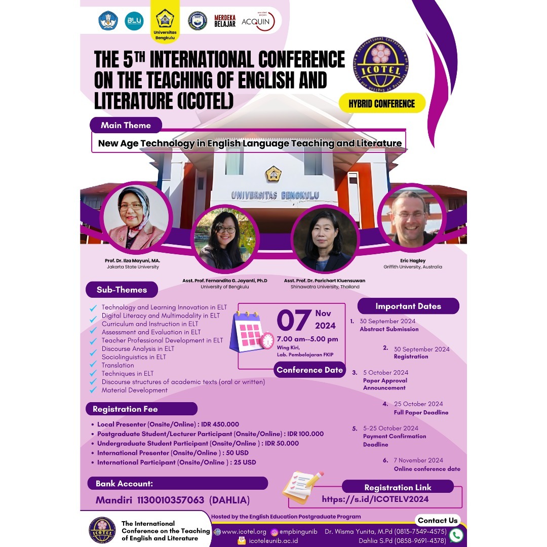 The 5th International Conference on the Teaching of English and Literature (ICoTEL) The 5th International Conference on the Teaching of English and Literature (ICoTEL)